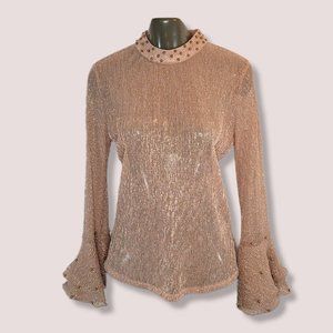 Pastel Women's Beige Bell Sleeve Mock Neck Sheer See Through Top Size Large